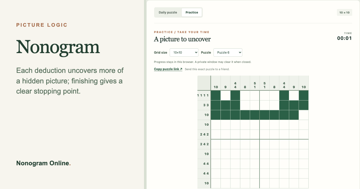 A screenshot of the daily Nonogram grid and its row and column clues