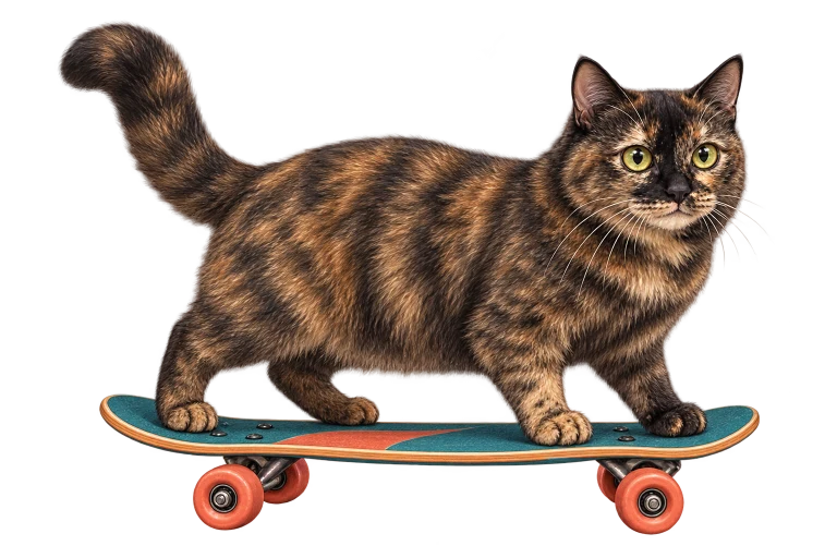 Guan Guan, a round tortoiseshell cat with green eyes, riding her skateboard